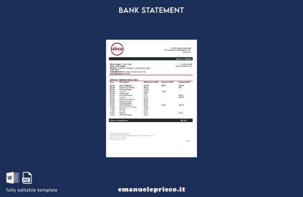 modello word di estratto conto bancario ABSA del Sud Africa in stile verificato
